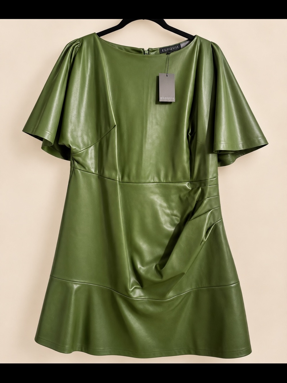 Eloquii Olive Green Faux Leather A-Line Dress with Flutter Sleeves